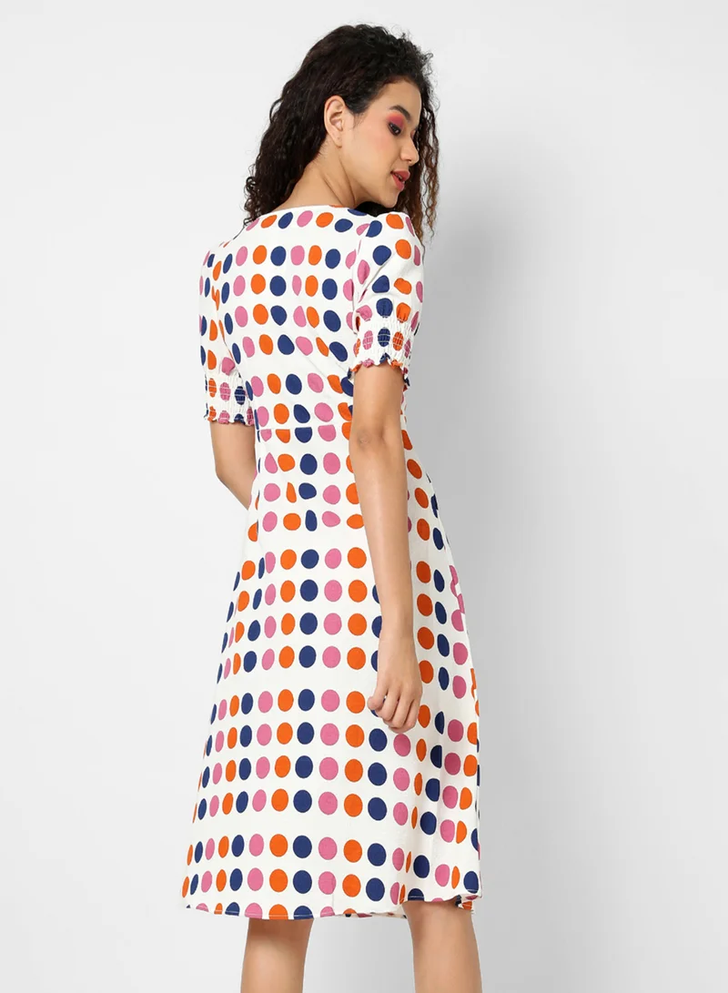 Pinacolada  Women's Multicolour Polka Dot Dress For Casual Wear | V Neck | Short Sleeve | Button Closure | Dress Designed With Comfort Fit For Woman & Girls for Women | Best Price UAE
